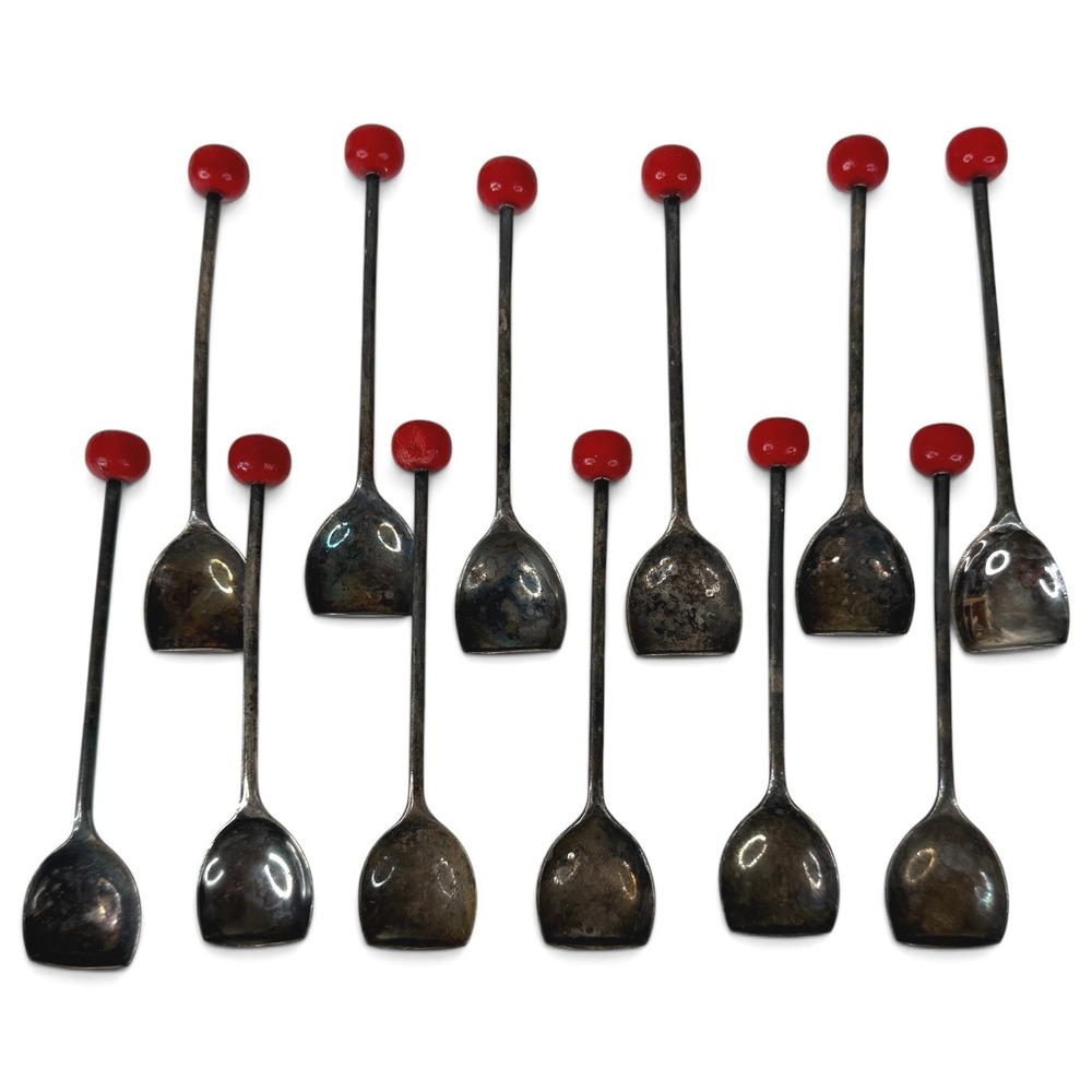 Muddler Spoon Set Silverplate EPNS Sheffield England Red Cherry Finial Art Deco